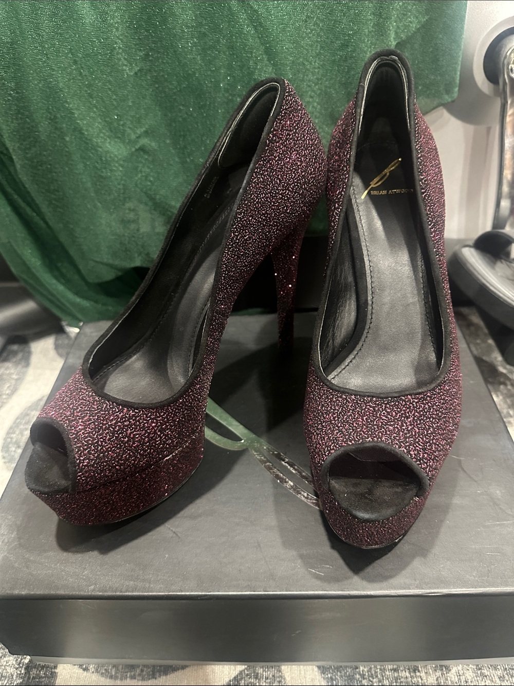 Brian Atwood Burgundy Glitter Peep-Toe Platform Pumps